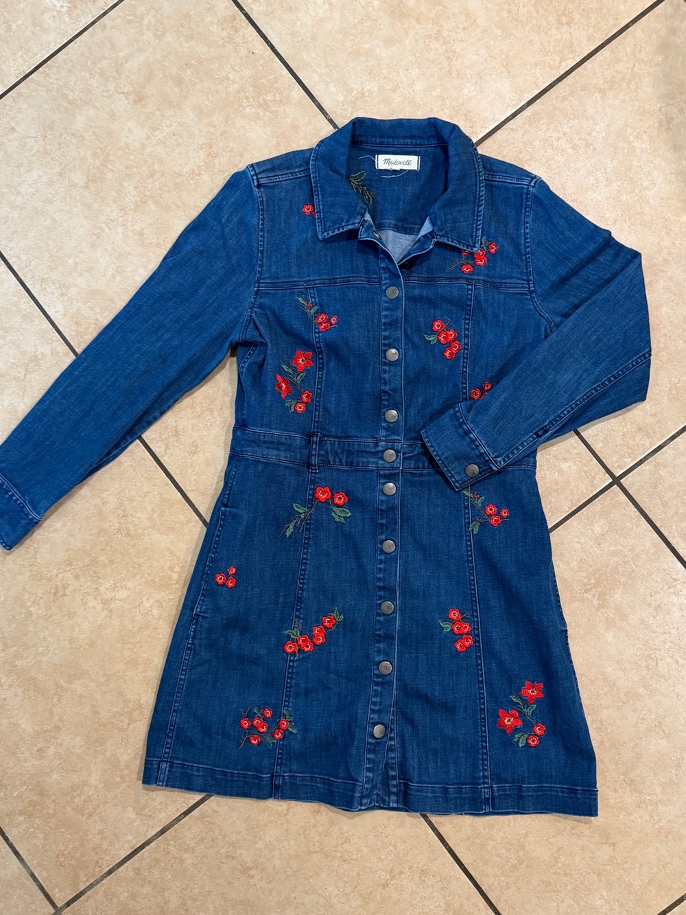Madewell Denim Button Shirt Dress with Red Floral Embroidery